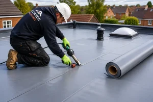 Rooftop seamless membrane installation in progress