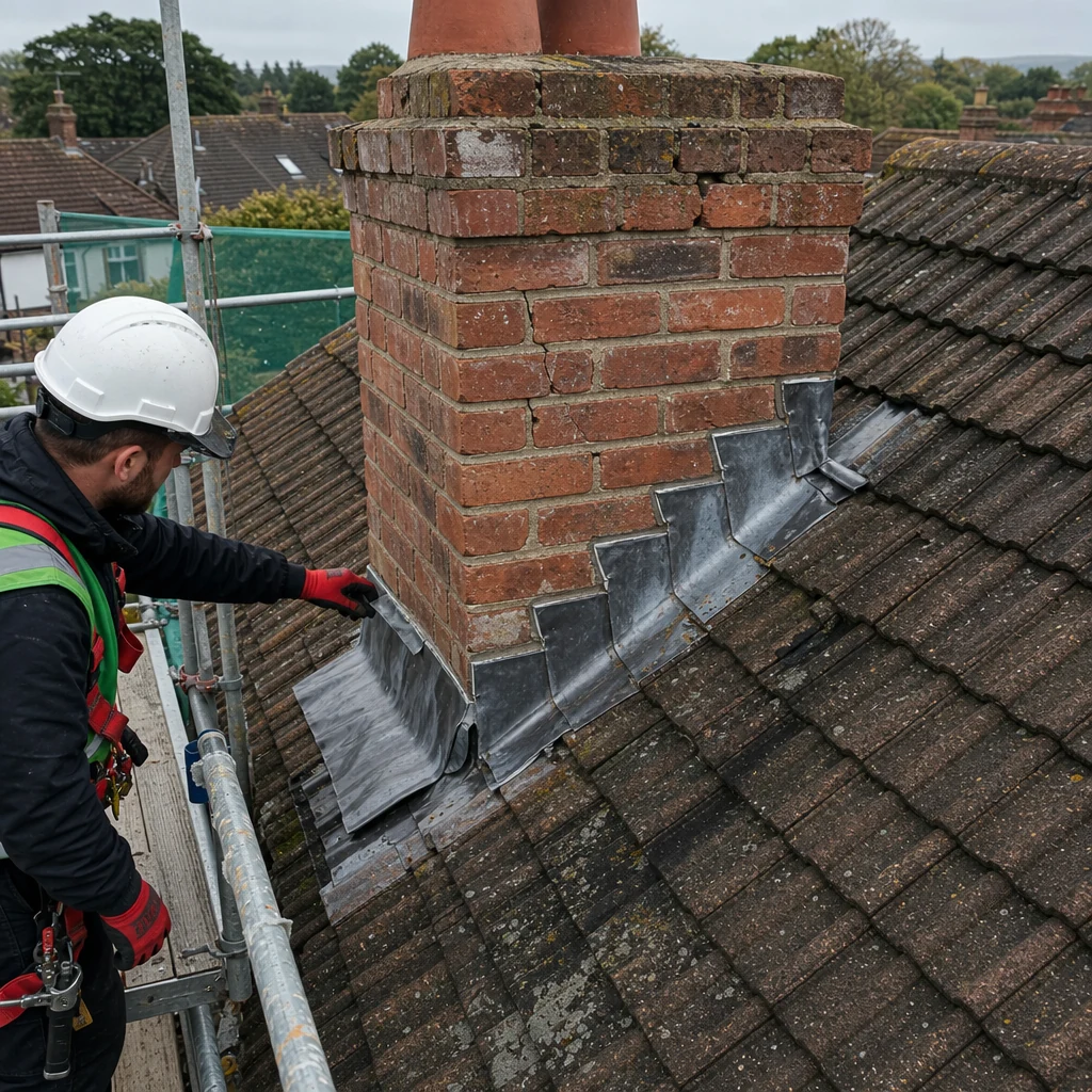 Chimney flashing and roof junction damage seen from an elevated view.