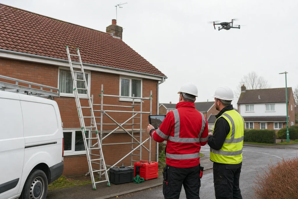 Drone roof survey over a tiled UK home with roofers reviewing footage.