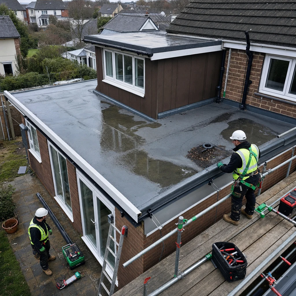 Flat roof, dormer and gutter details viewed from above.