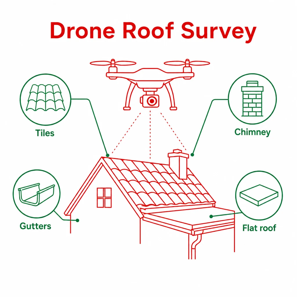 Graphic showing drone roof survey checks for tiles, chimney, gutters and flat roof.