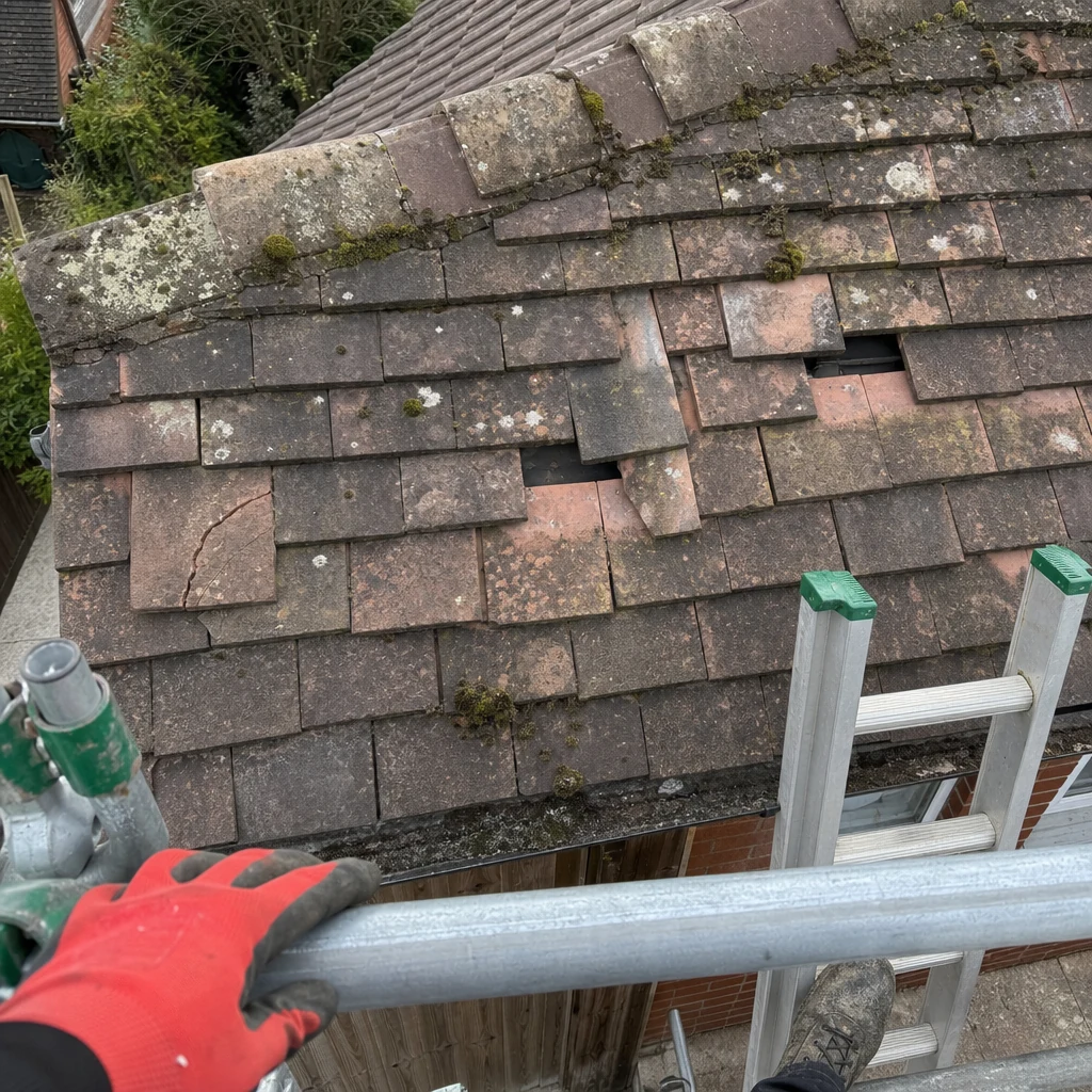 Overhead view of slipped and cracked tiles on a pitched roof.