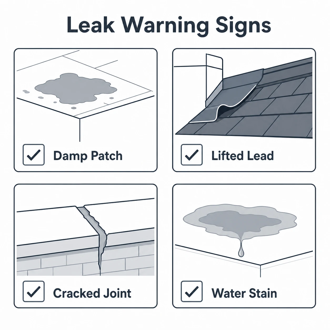 Graphic listing warning signs of leaking leadwork