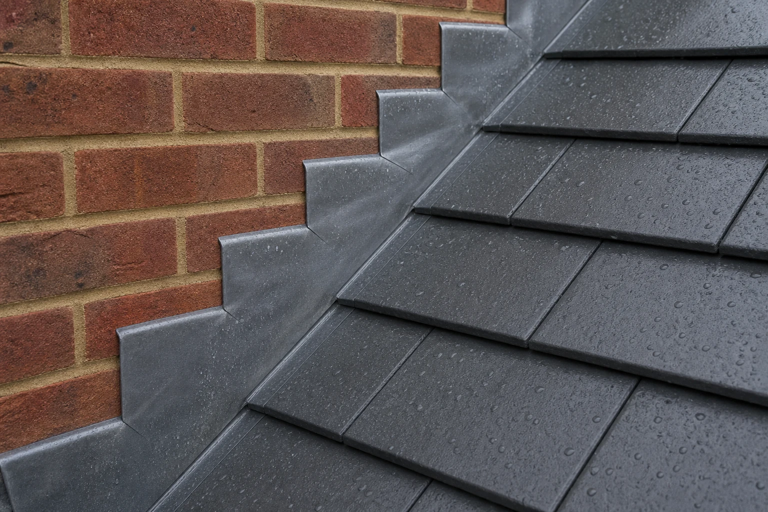 Neat stepped lead flashing on a tiled roof junction
