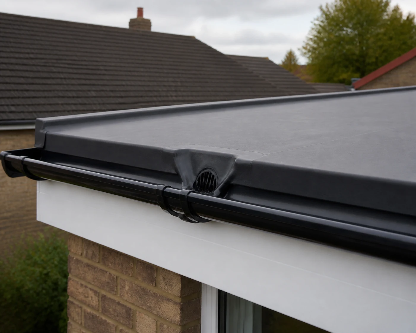 Tidy finished flat roof outlet, gutter and fascia detail.