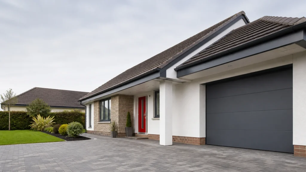 Clean UK house roofline with white soffits and guttering
