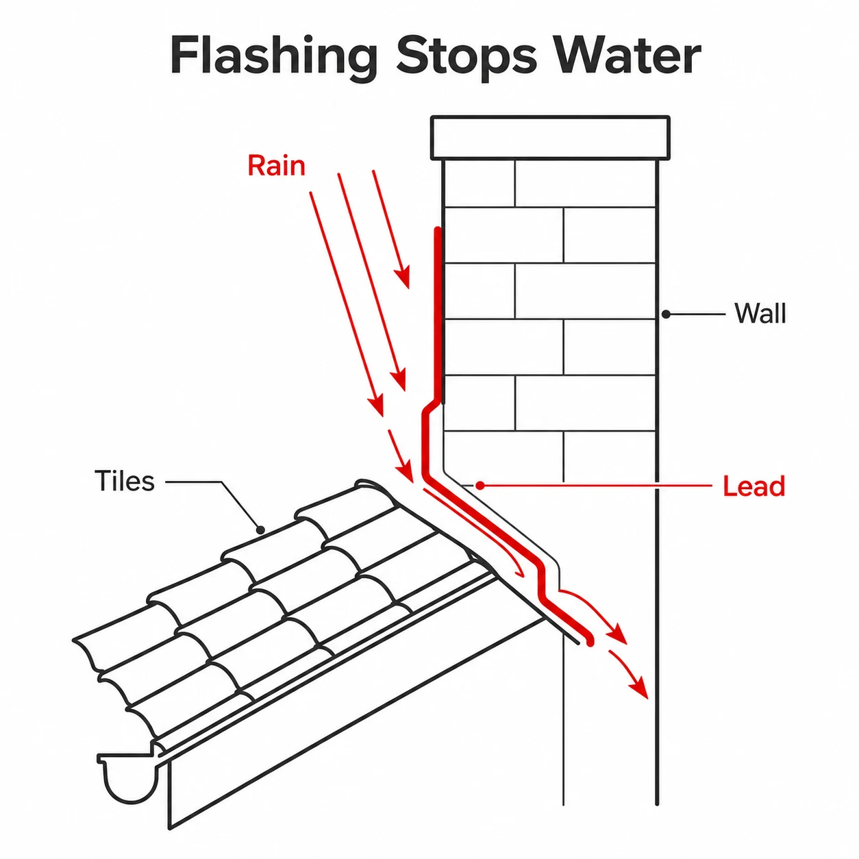 Diagram showing lead flashing directing rain away from roof tiles