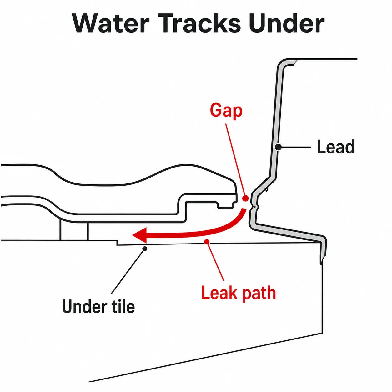 Diagram showing water tracking through a gap in worn lead flashing