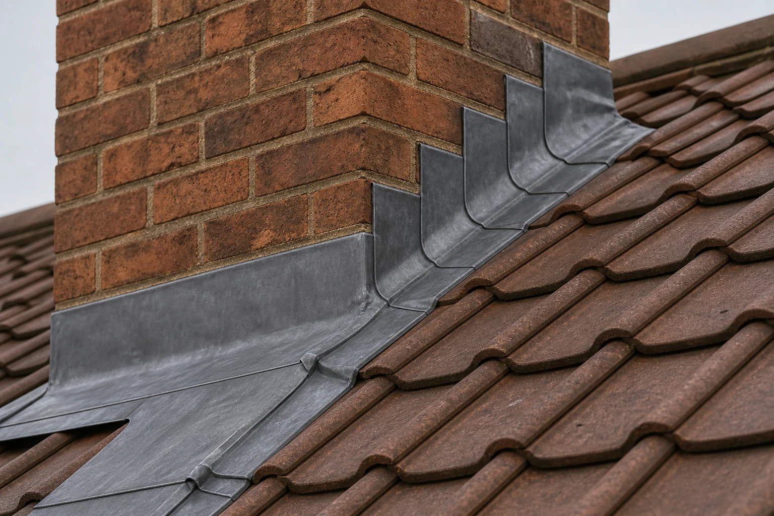 Lead flashing at a chimney junction on a tiled UK roof