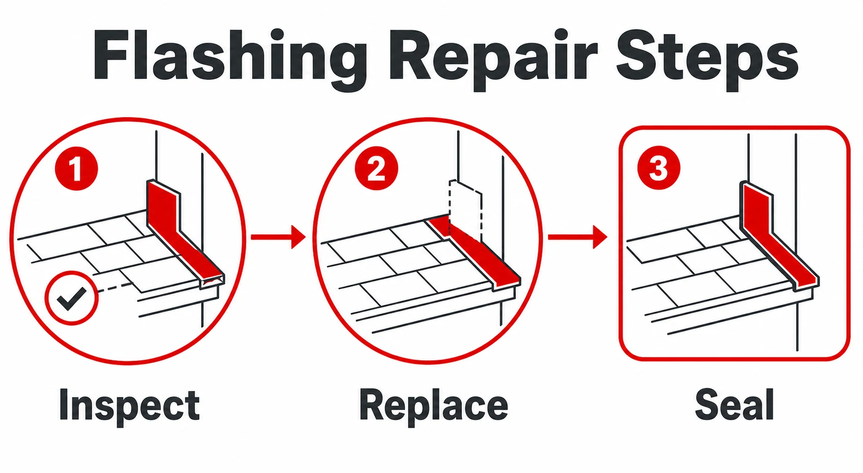 Three step graphic showing inspection replacement and sealing of lead flashing